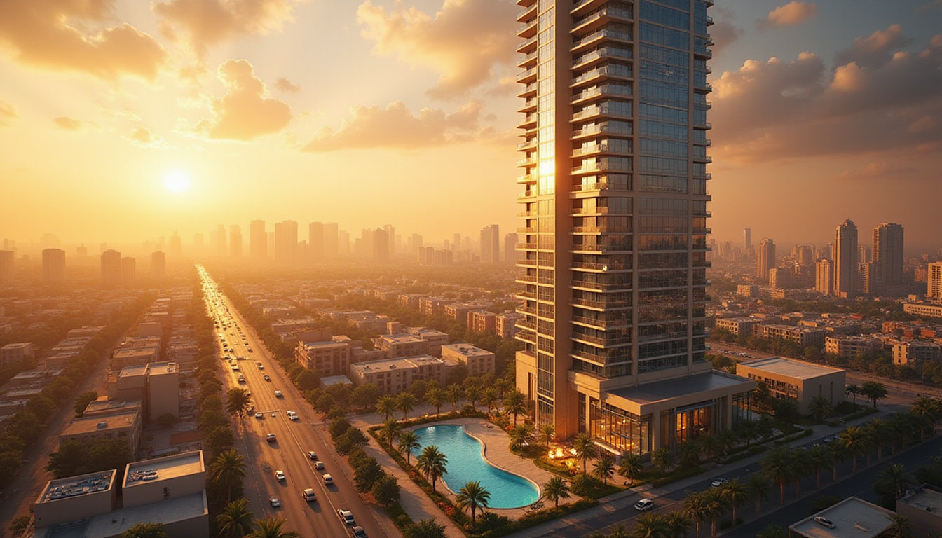  Aerial view of premium Cairo penthouse tower, golden light, investors reviewing glossy real estate brochure
