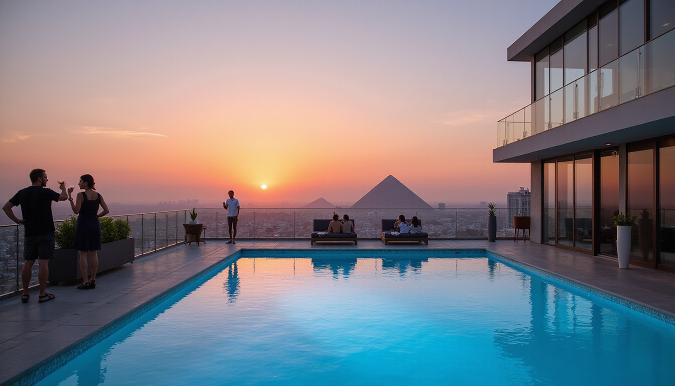  Rooftop infinity pool at sunset, silhouetted pyramids, guests sipping cocktails, modern glass architecture