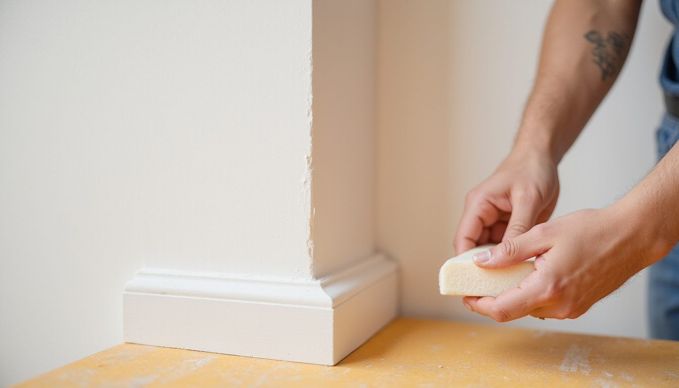  Finished seamless wall corner, flawless paint, soft natural light, carpenter holding sanding block, pristine studio