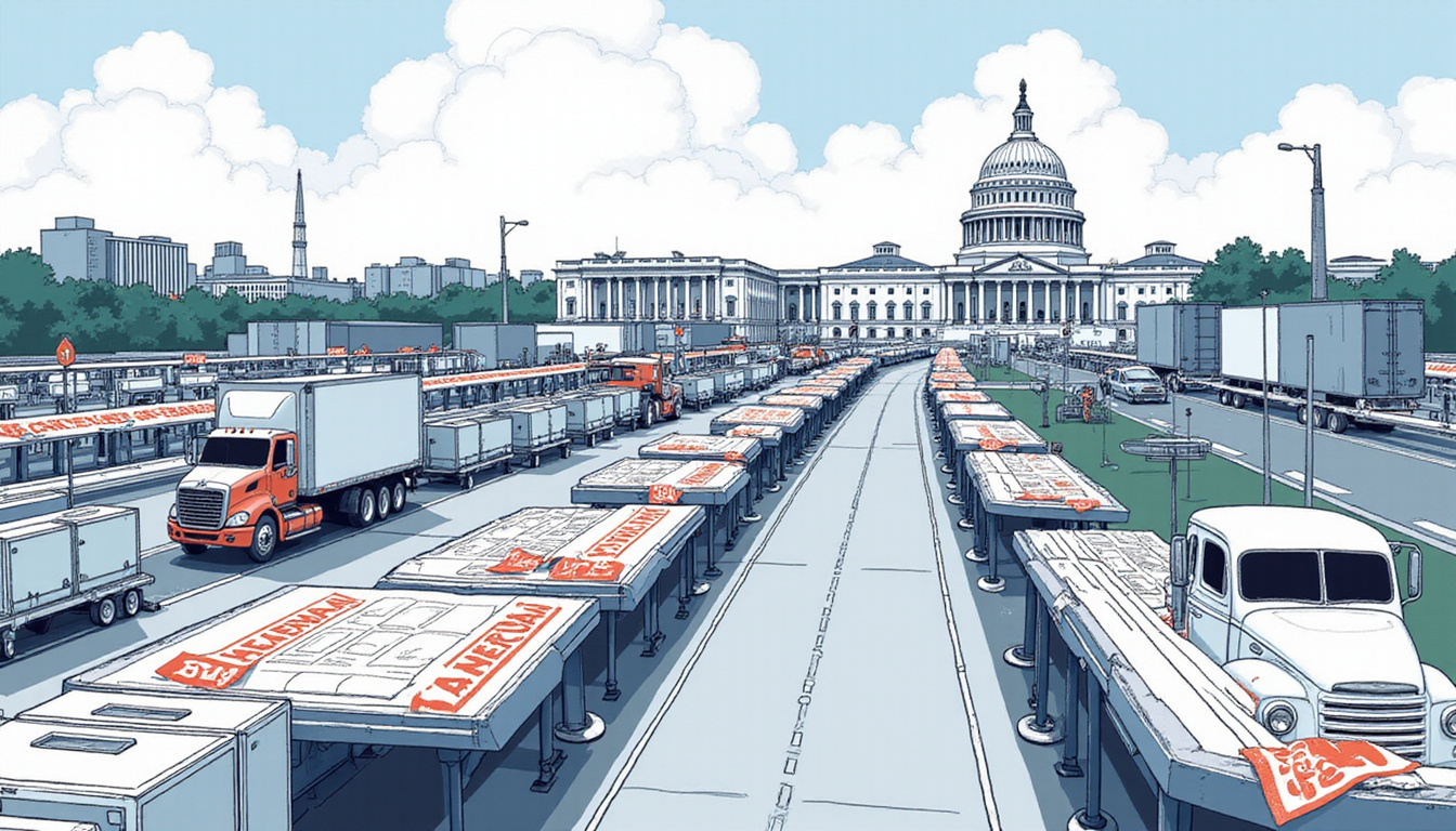  Manufacturing line with Buy American compliance stamp, documentation, supply-chain labels, government building skyline