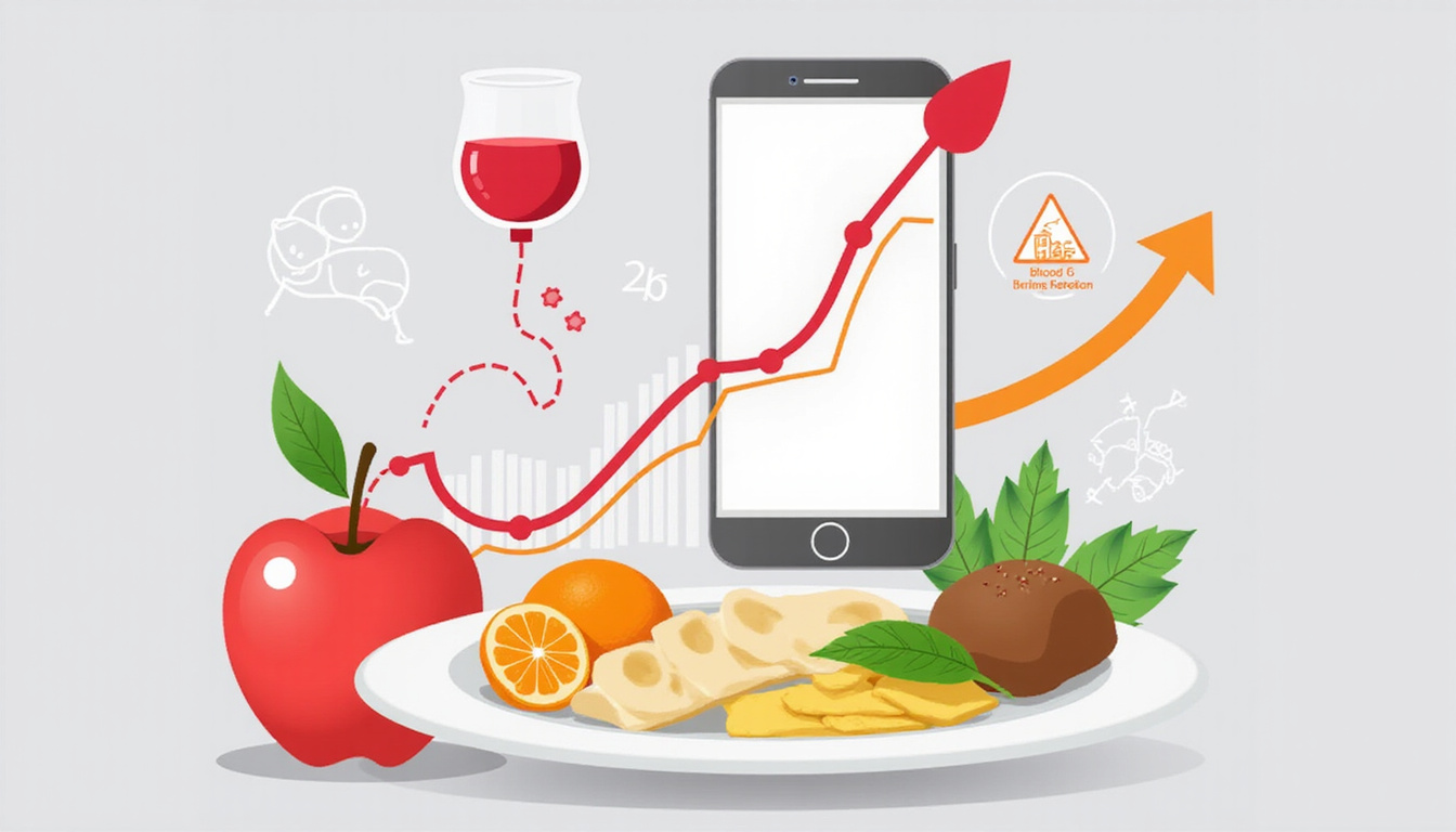 Infographic-style scene: blood ketone graph, smartphone app, plate of healthy fats, upward arrow, fat-burning icons