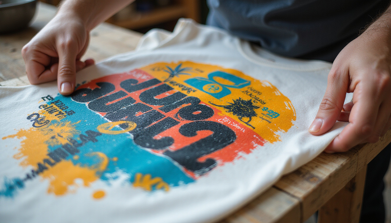  Artisanal screen-printing with botanical biodegradable inks pouring onto recycled cotton tee, hands detail