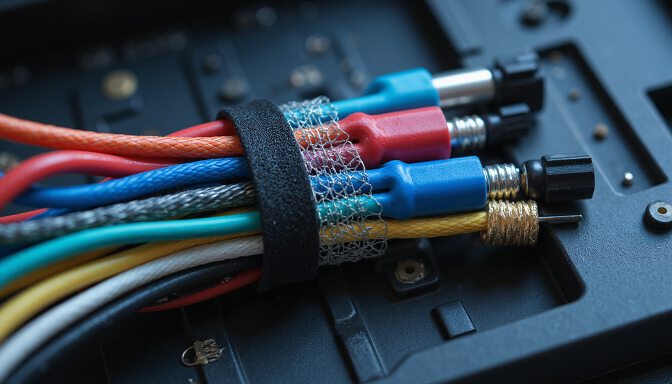  Cross-section of car wiring harness with braided shields and EMI filters, futuristic lab