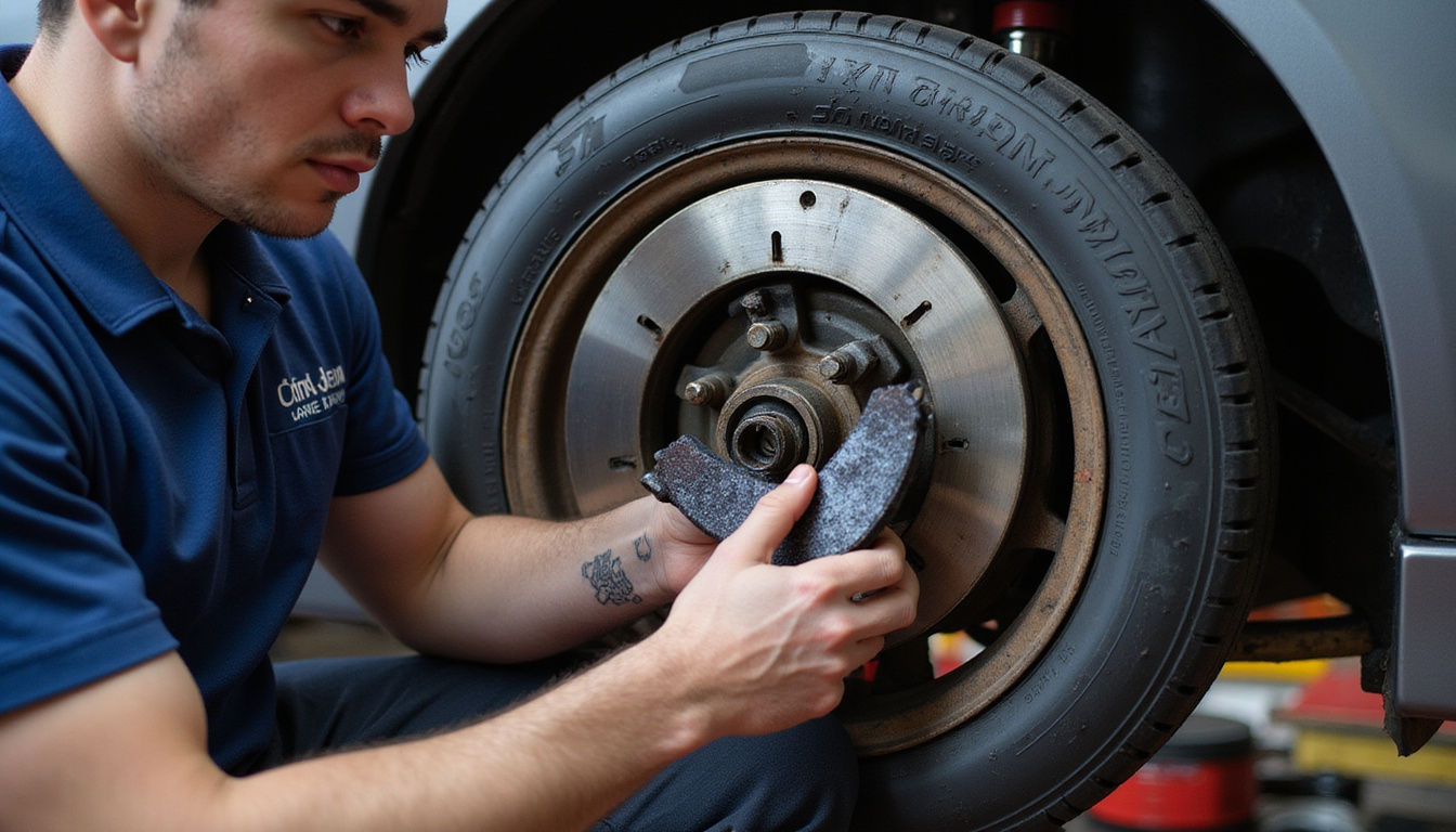 Mechanic tuning brake pads on race car wheel, detailed tools, instructional infographic style