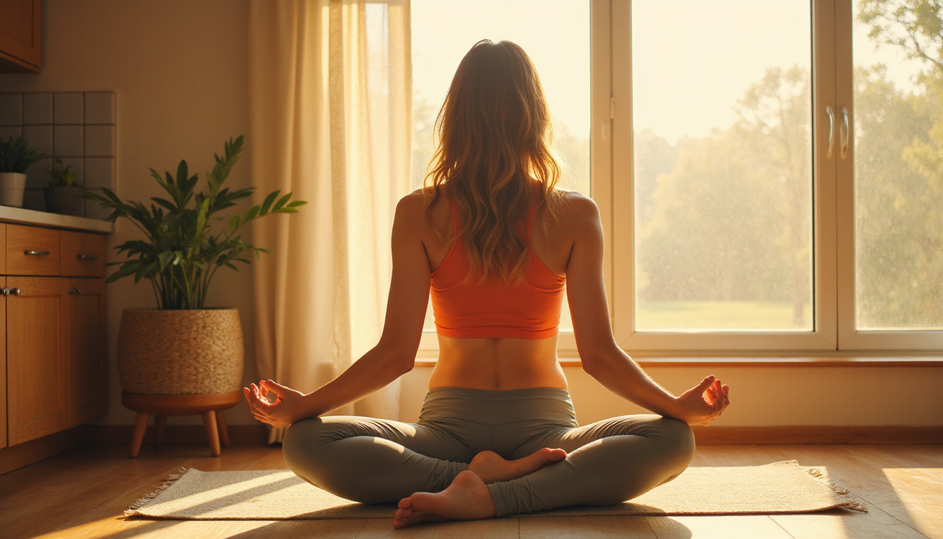  Relaxed woman practicing gentle yoga next to kitchen window, flat stomach, warm golden light