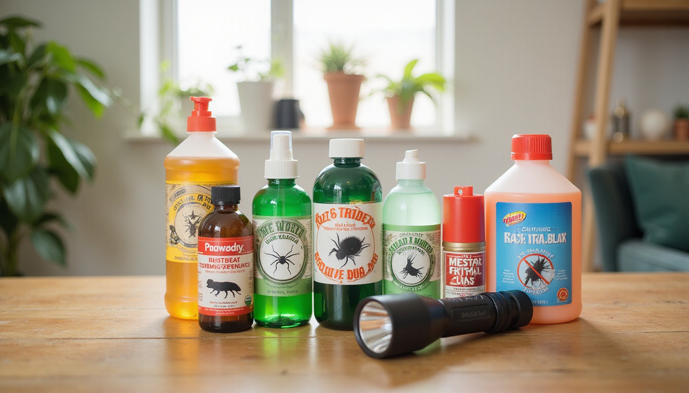  Organized DIY pest control kit on wooden table, labeled sprays, baits, flashlight, soft morning light