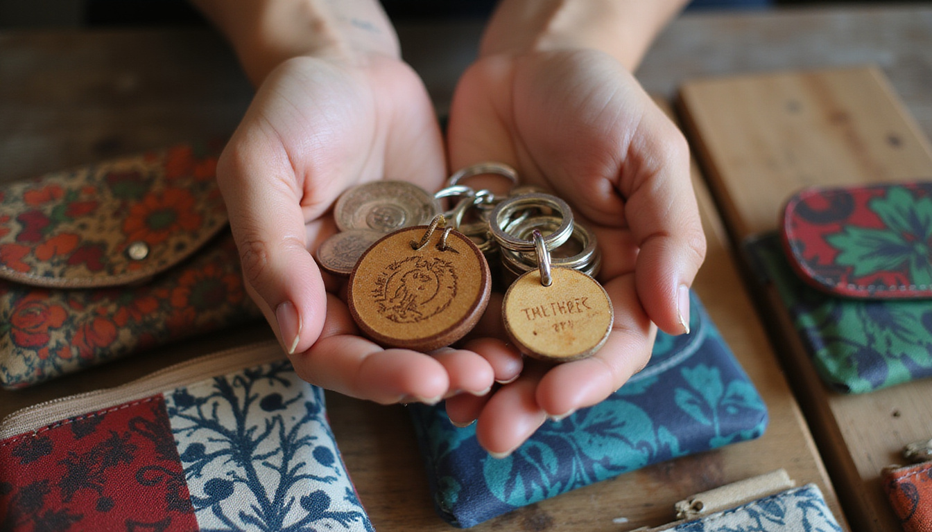 Closeup hands selecting unique affordable Bali souvenirs wooden keychains batik coin purses vibrant textures