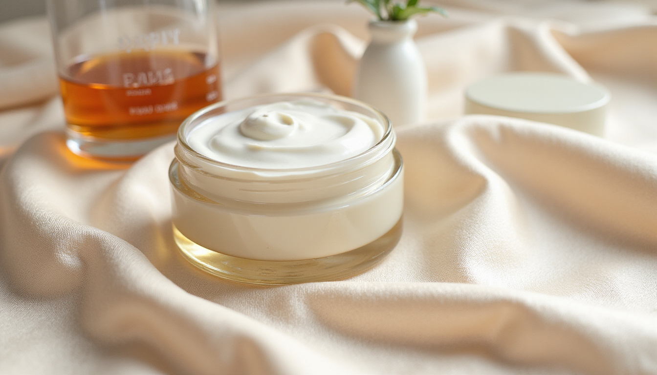  Luxurious cream texture on silk, minimal packaging, botanical extracts, scientific beakers, serene spa ambiance