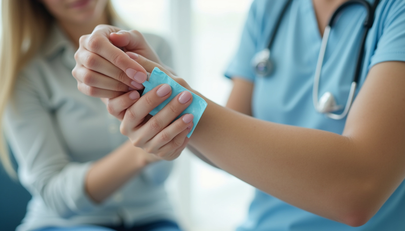  Close-up of teacher applying ice pack and ergonomic forearm brace, illustrated relief tips overlay