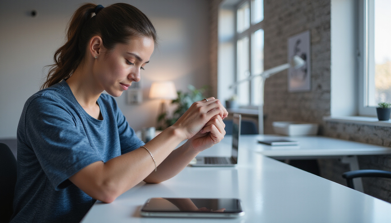  Athlete performing wrist and forearm stretches at minimalist desk, performance boost visualization, dynamic motion blur