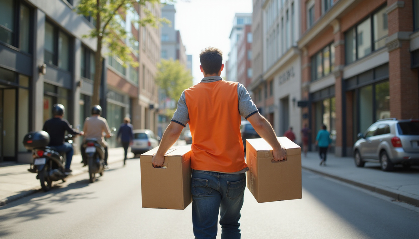  Courier doing shoulder and neck mobility routine with parcels on busy city sidewalk, energized