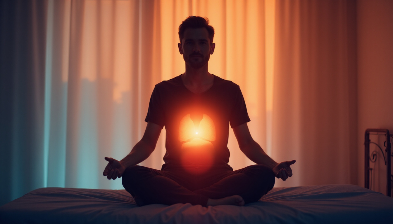 Relief-focused scene: patient silhouette with illuminated sacral plexus, warm soothing colors, soft light