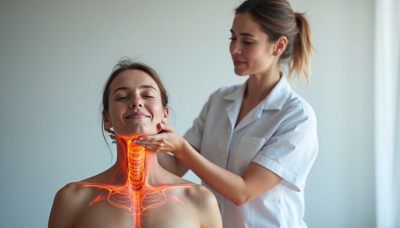  Physiotherapist guiding mindful posture, neck and jaw alignment with small Pilates ball, anatomical overlay