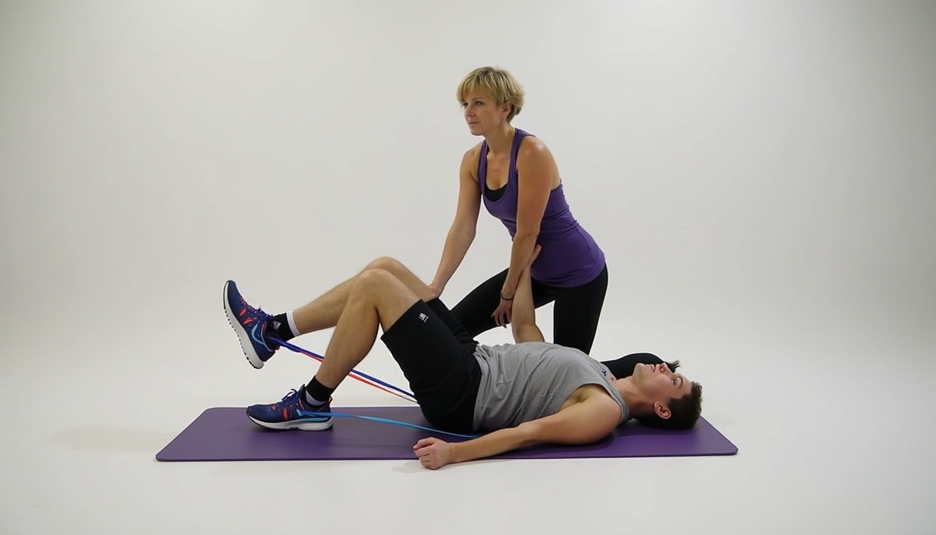  Athlete doing progressive hamstring rehab exercises on yoga mat, resistance band, coach guiding, dynamic motion