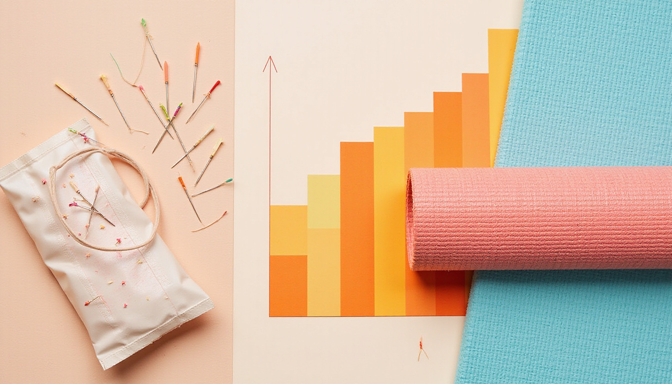  Collage of acupuncture needles, heat pack, yoga mat, and progress chart, hopeful tones