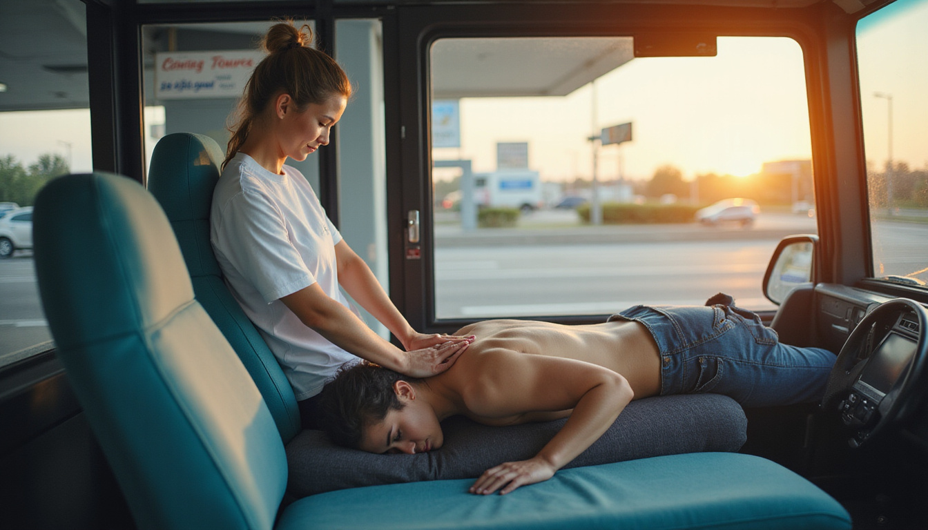 Professional massage therapist at highway rest stop, kneading driver