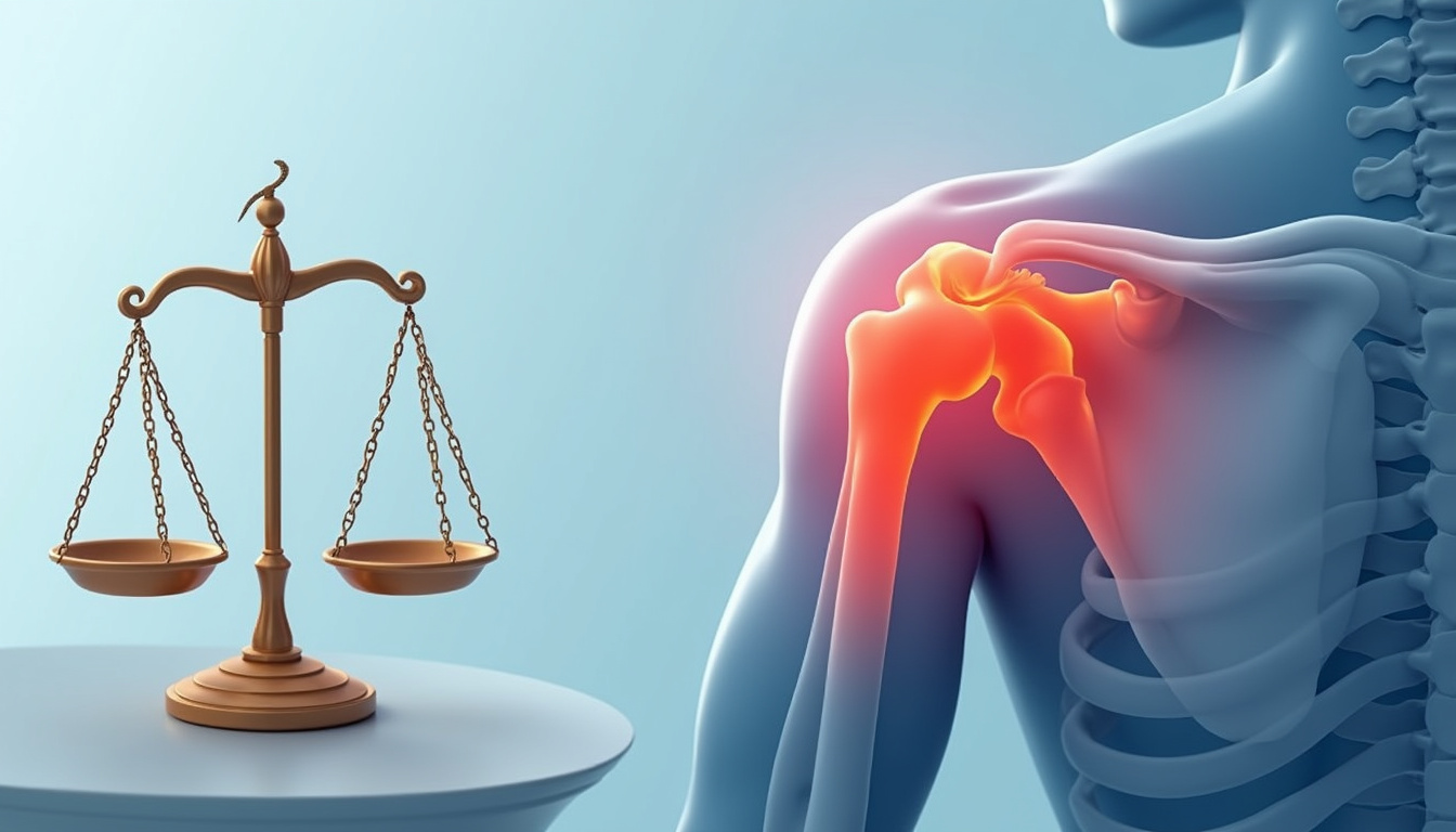  High-detail medical illustration of inflamed shoulder joint alongside settlement check and justice scales