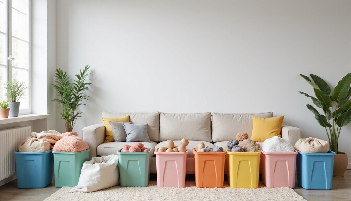  minimalist living room, donation pile, color-coded recycling bins, soft pastel tones, stress-free atmosphere
