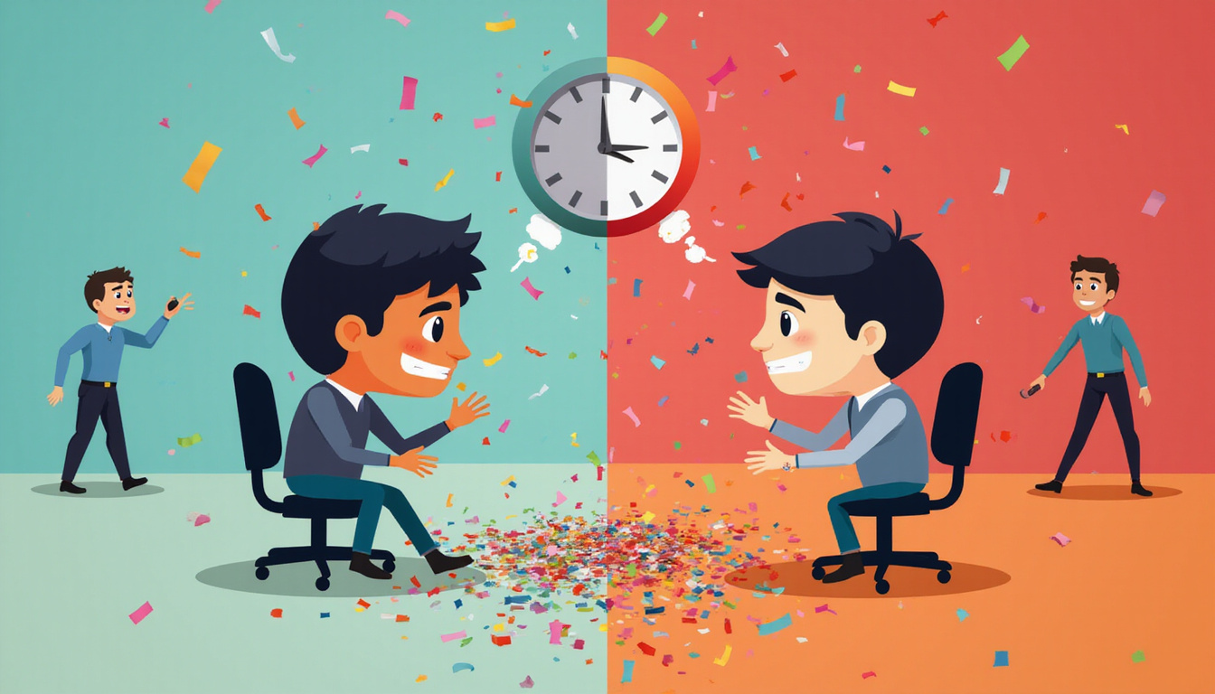  Split-screen contrast: chaotic long hold lines with frustrated callers versus streamlined instant support, celebratory confetti