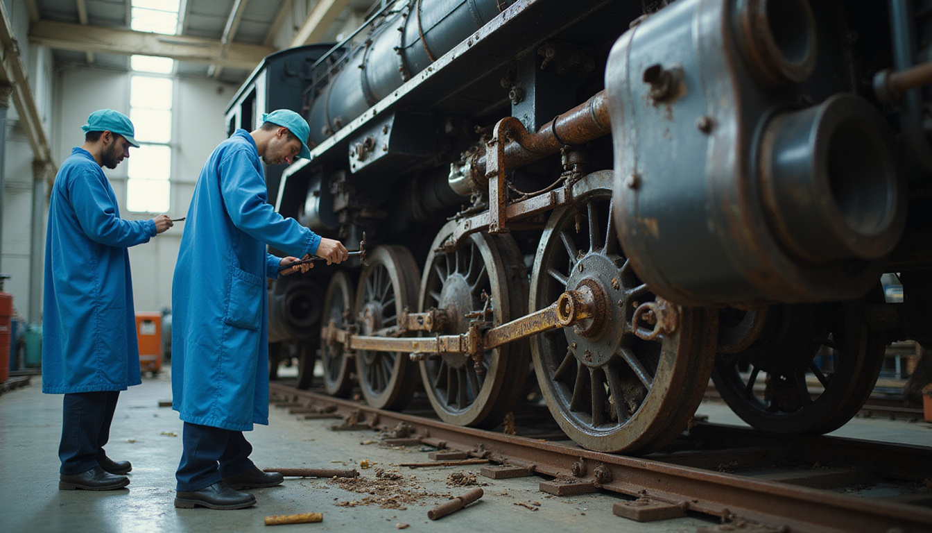  Business team surgically removing rusted platform crutch from locomotive, dynamic motion, cinematic low-angle, high-detail
