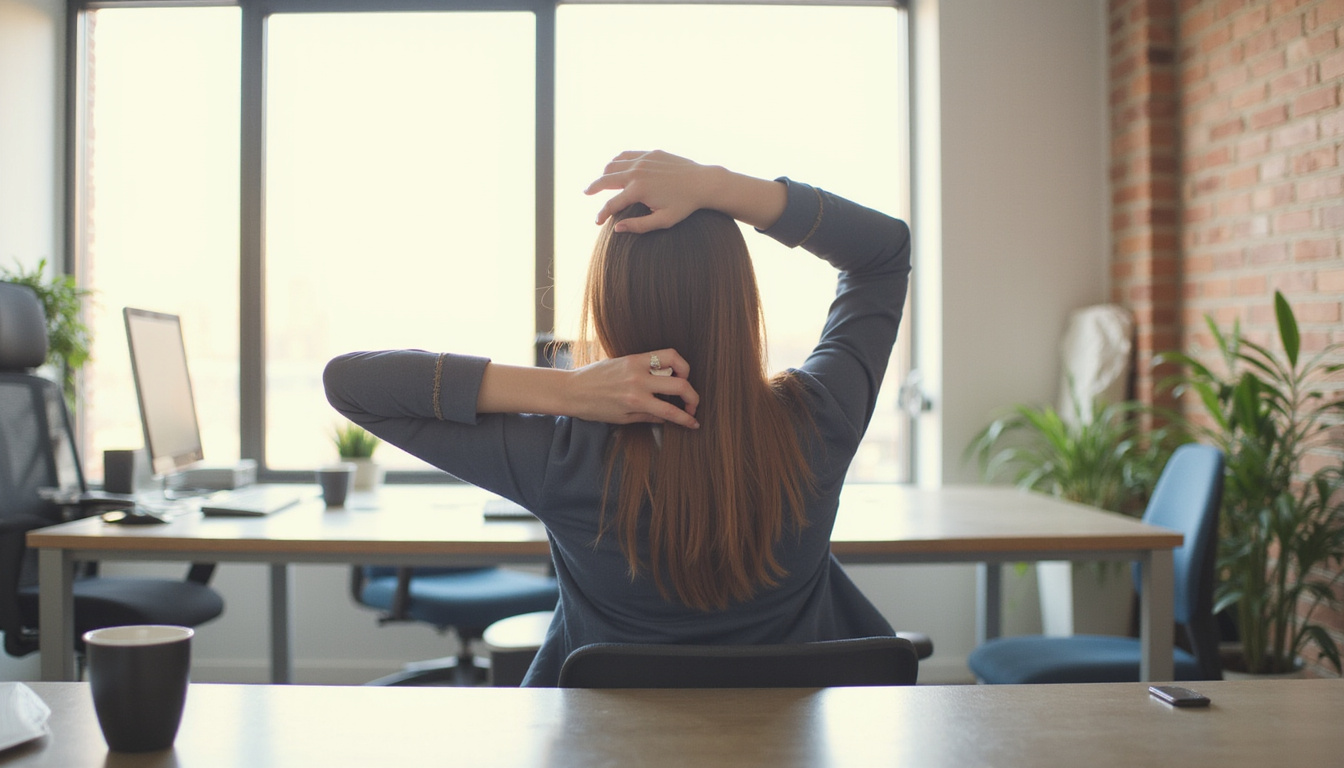  Office desk stretches between meetings: woman in blazer doing seated twists, soft window light, calm