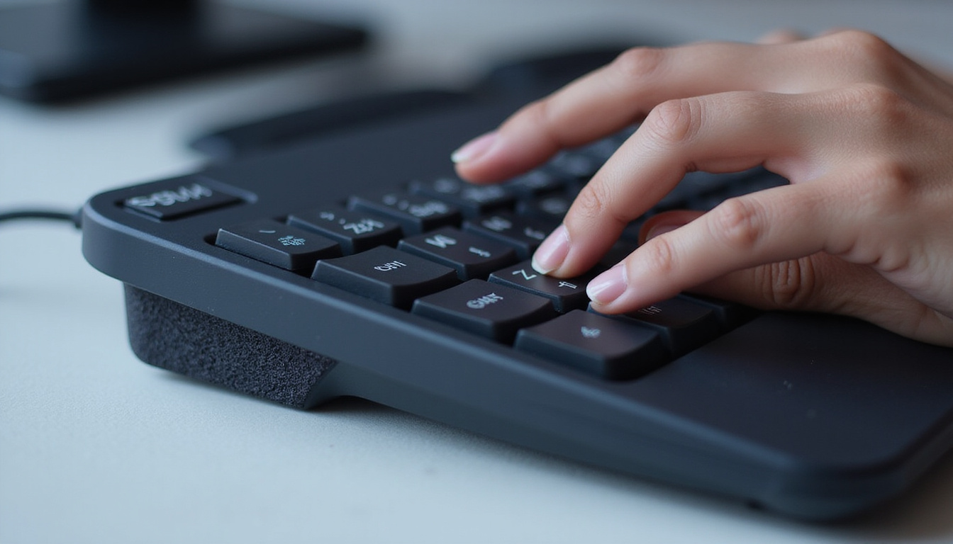  Close-up of contoured wrist rest, textured keys, motion blur showing increased typing speed