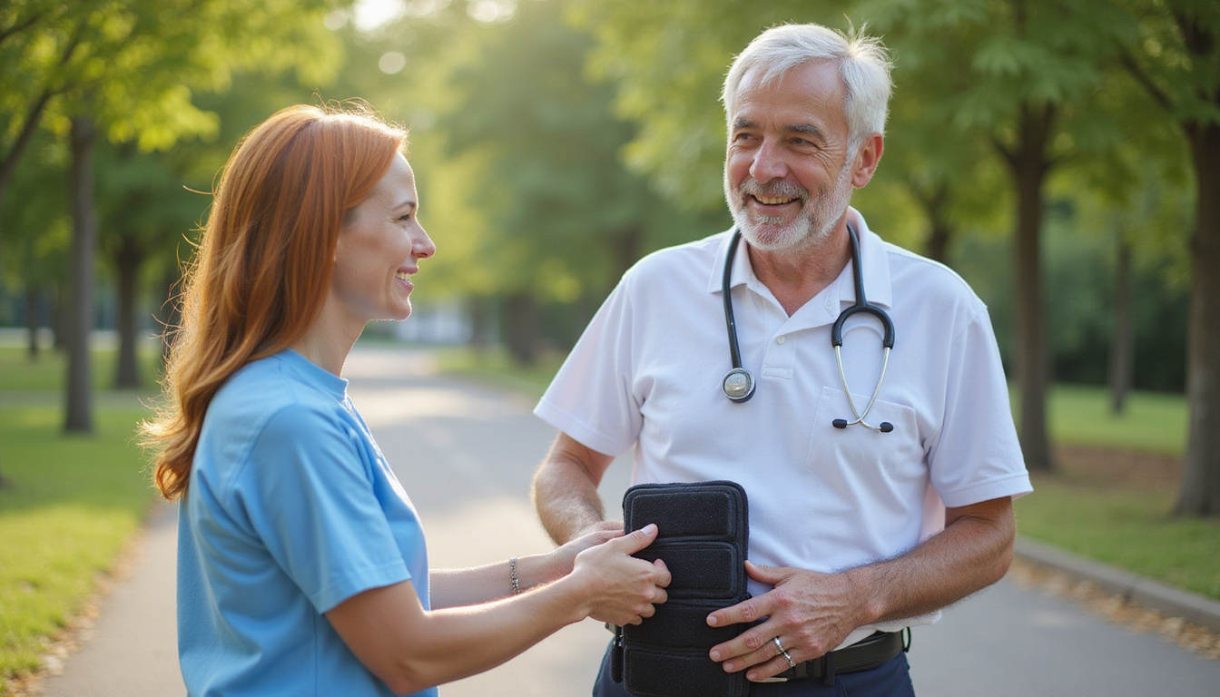  Physiotherapist fitting foam-padded knee brace on smiling senior, urban park mobility improvement