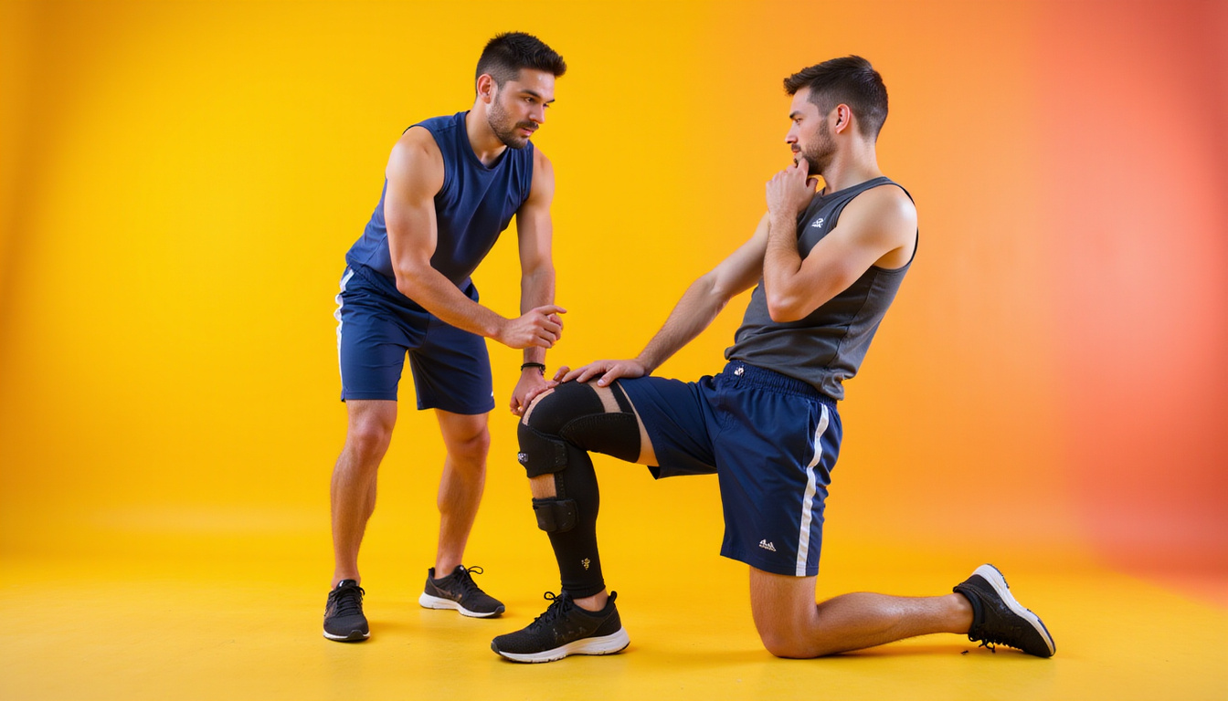  Athlete performing guided knee stretches and strengthening exercises, supportive brace, sunrise clinic
