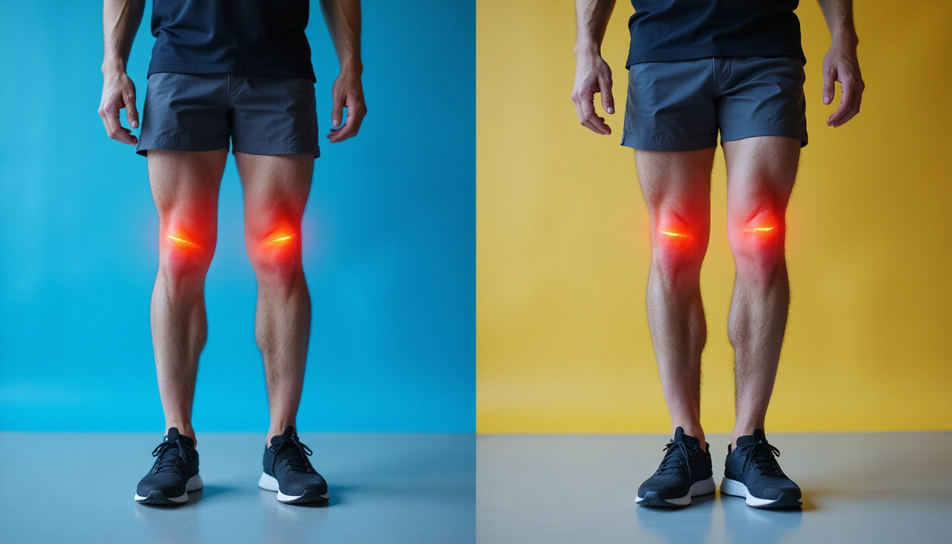  Split-screen before-and-after legs showing quad dominance corrected, pain-free knees, balanced muscle activation