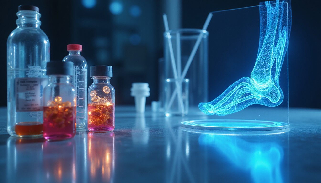  High-tech lab scene with platelet-rich plasma vials, 3D-printed biomaterial scaffold, holographic joint repair blueprint