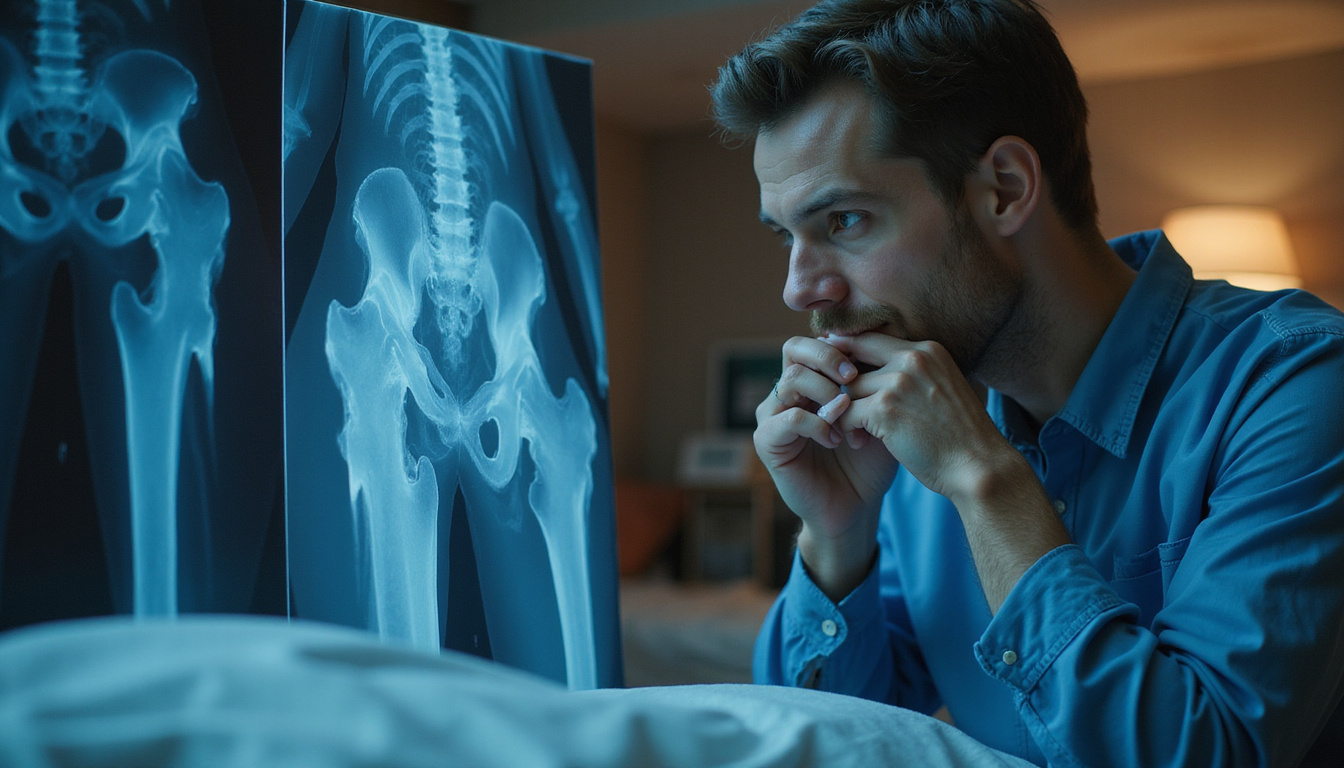  Surgeon whispering to patient, X-ray overlay showing preserved ligaments, warm cinematic lighting
