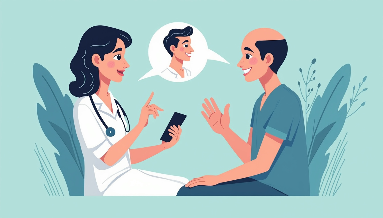  Reassuring clinical scene showing scalp cooling, topical treatment, and gradual hair regrowth, patient hopeful