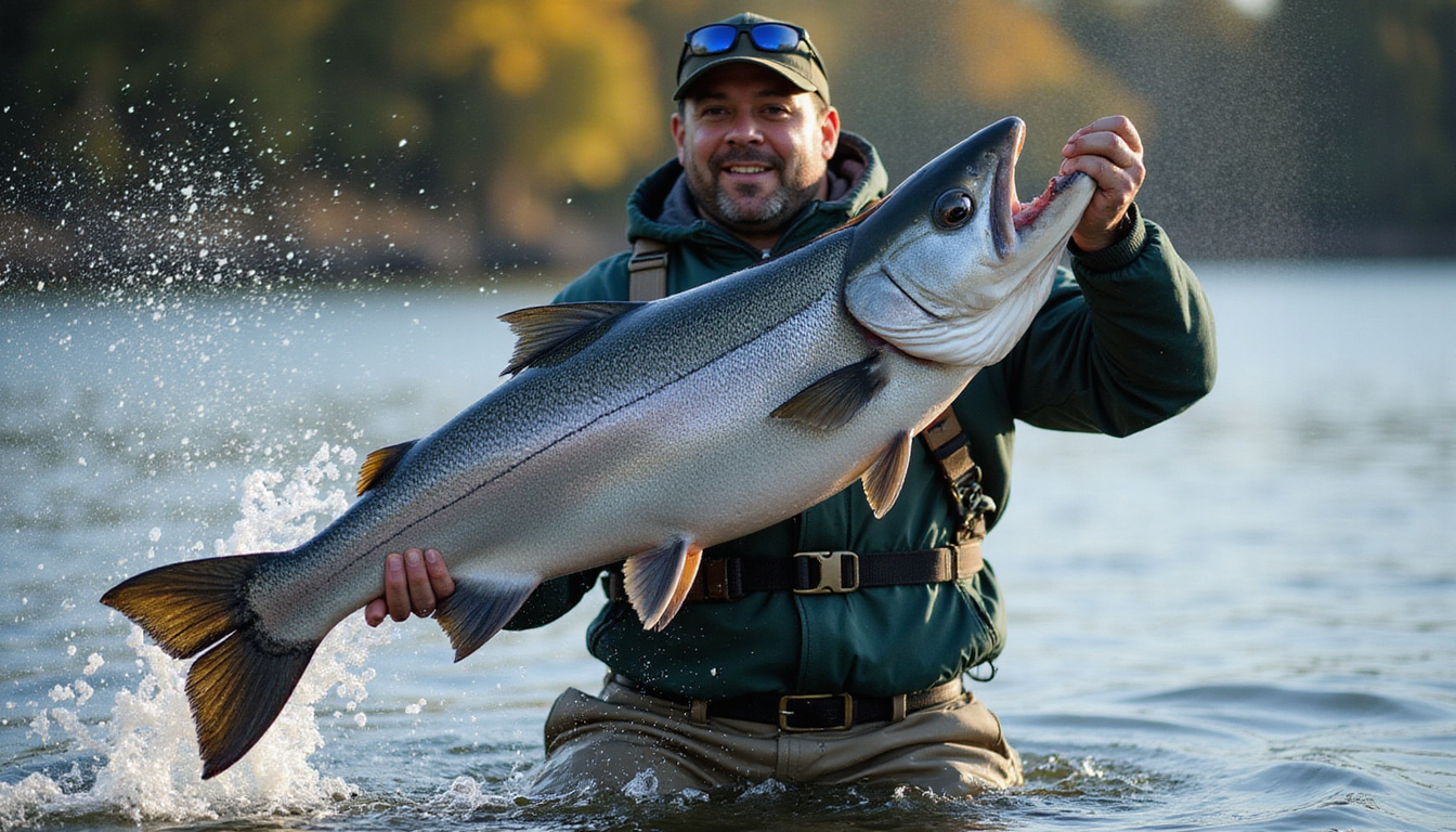  Triumphant fisherman lifting massive salmon, stable stance, supportive harness, water spray, dramatic backlighting