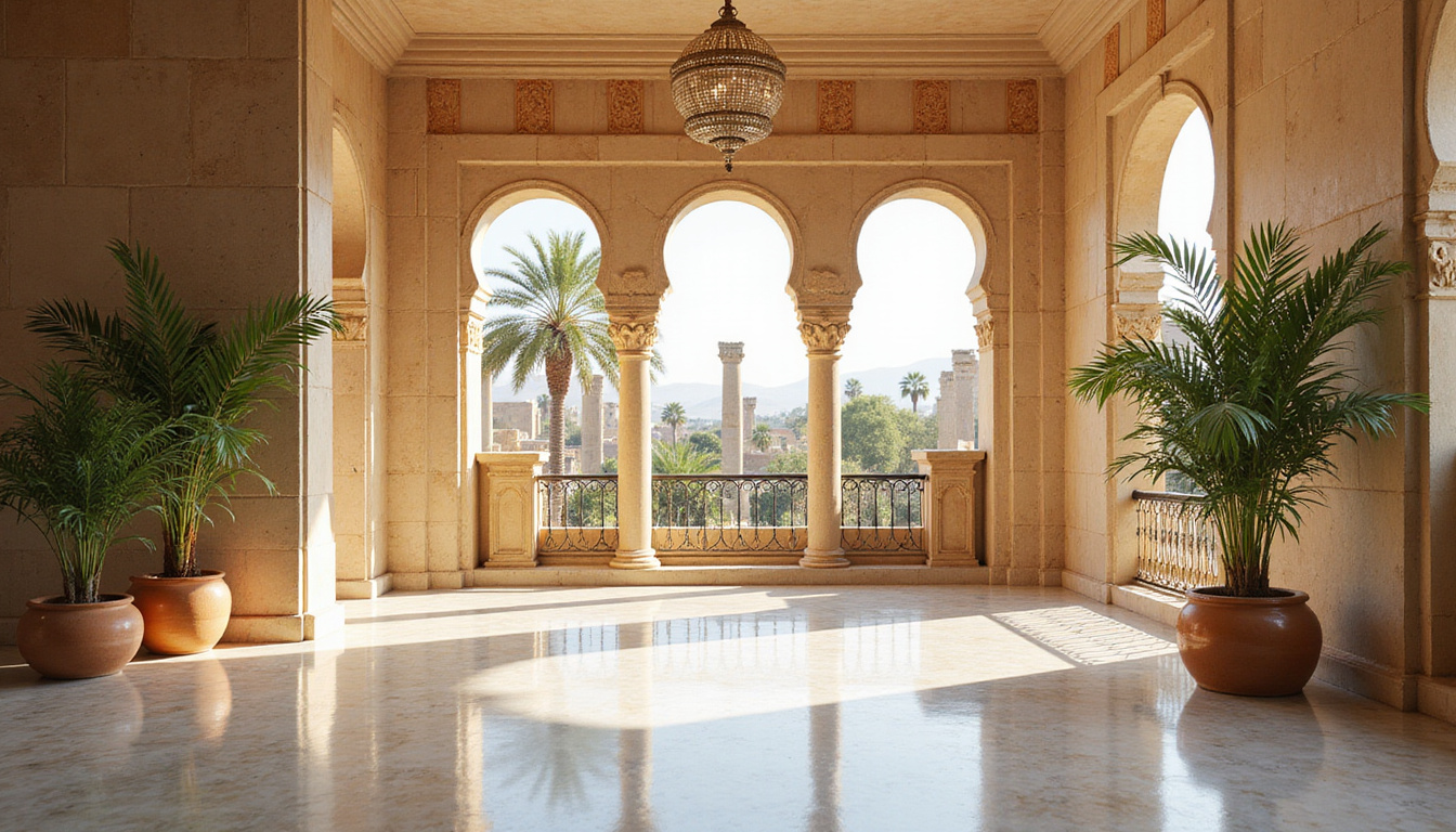 Affordable luxury interior, marble floors, Egyptian motifs, balcony view of ancient columns and palms