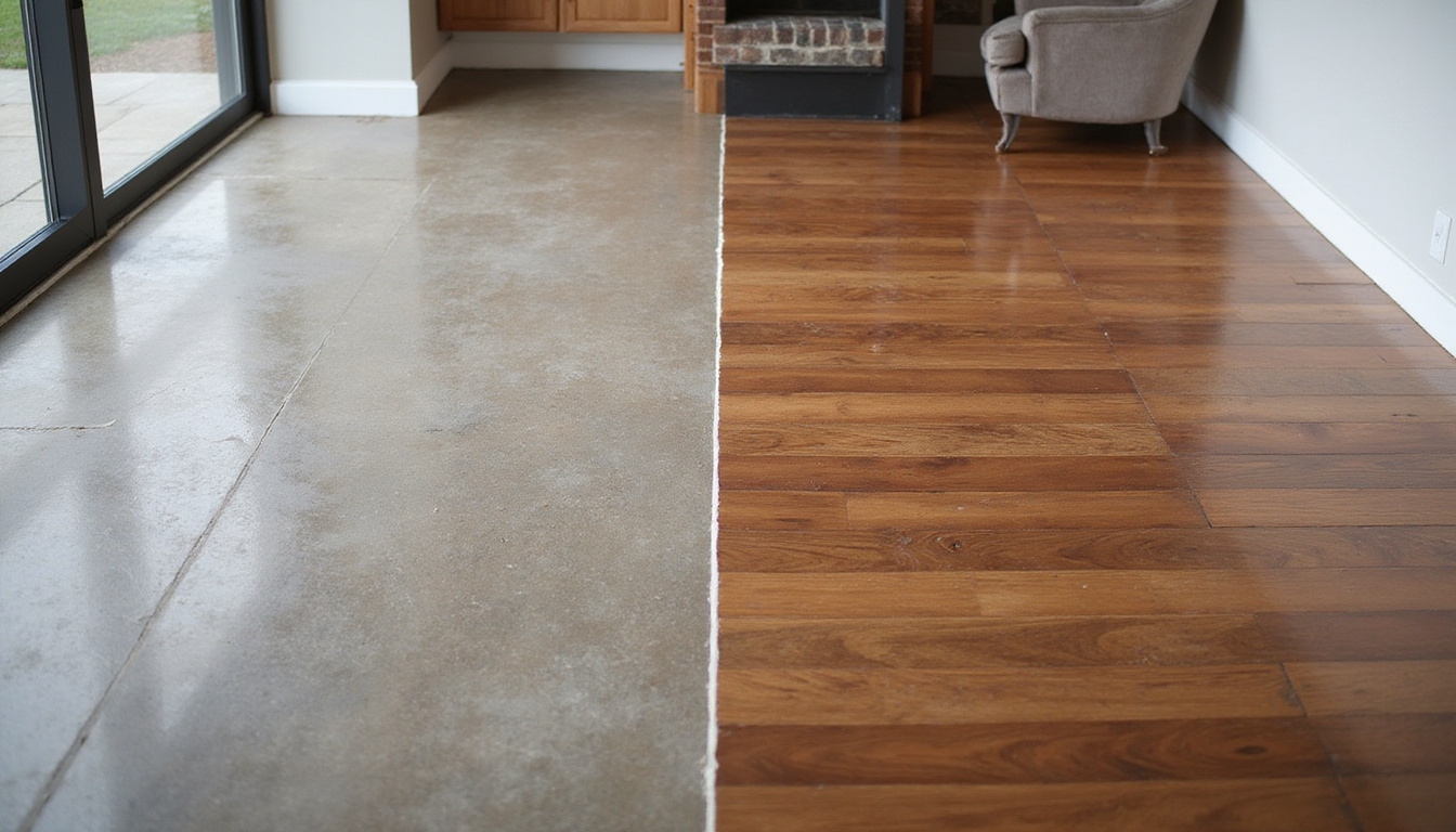  dramatic before-and-after wide shot of dull scratched floors transforming into glossy rich walnut finish