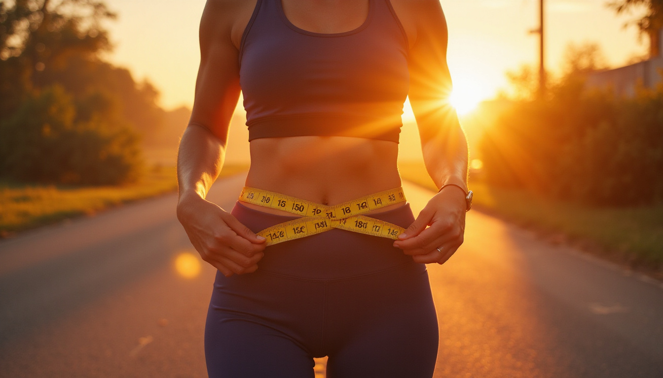 Fit person measuring waist, glowing energy aura, sunrise jog, minimalist fitness gear, urban park