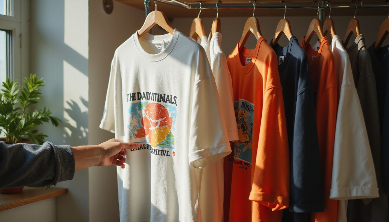  Stylish person selecting recycled cotton tee from eco-friendly closet, sunlight streaming, modern smart hooks