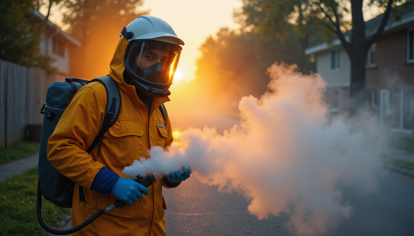 Technician in protective gear applying eco-friendly fogger, serene neighborhood, dusk, gentle light