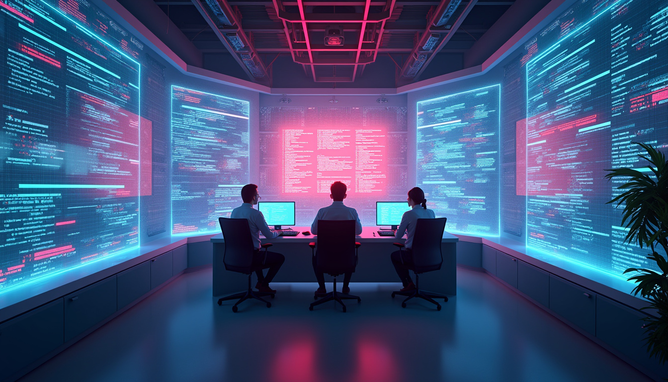  Centralized control room, holographic sandbox walls blocking escaping code serpents, vigilant engineers