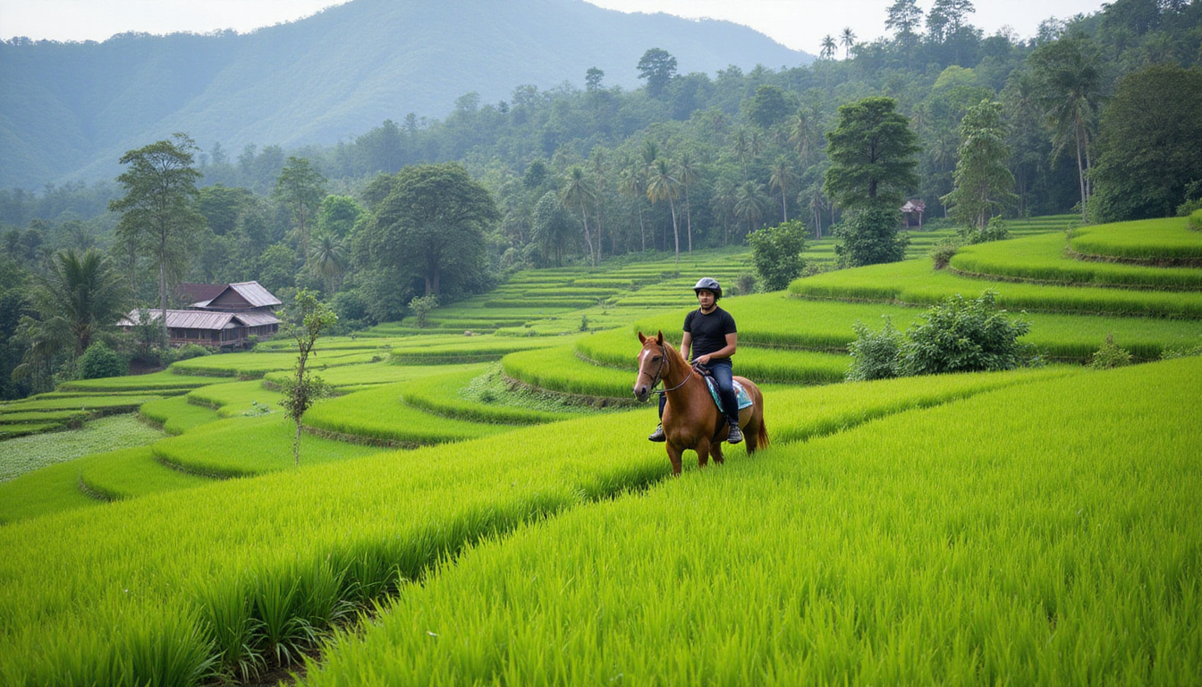  Riding through emerald rice terraces, balanced rider with helmet, traditional Balinese village backdrop