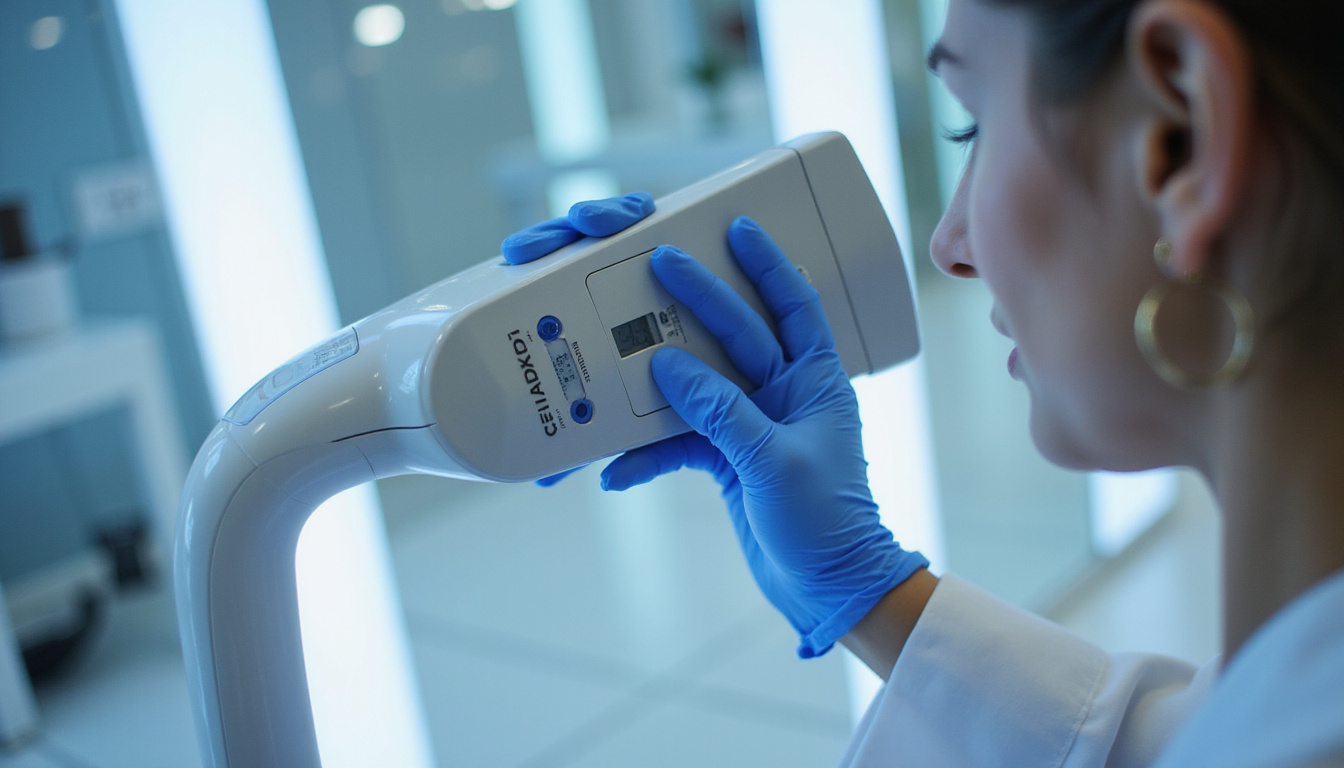  Cosmetic engineering scene: designers calibrating sleek device with sensors, certification seals, microscopic skin analysis