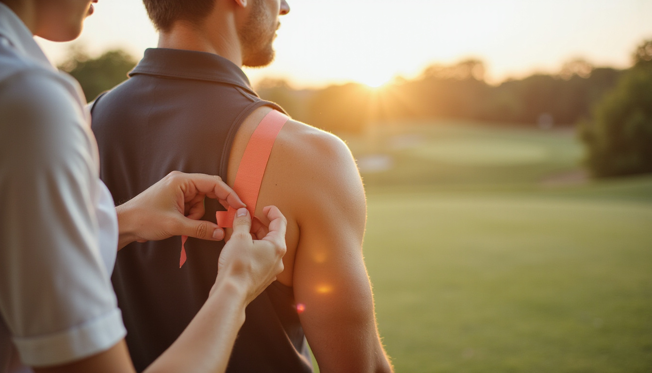  Physiotherapist hands applying kinesiology tape to golfer