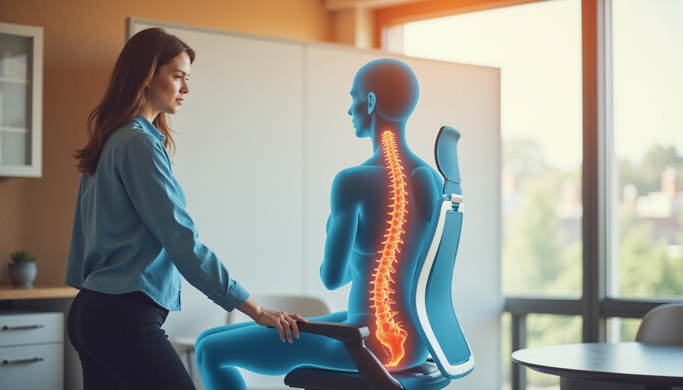  Ergonomic posture demonstration with spine alignment overlay, teacher adjusting chair, warm tones