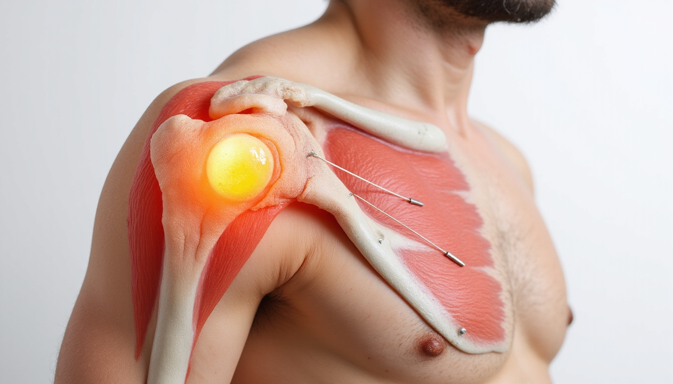  Cutaway anatomical shoulder joint with wear, highlighted inflammation, heat pack, acupuncture needles, detailed photorealistic