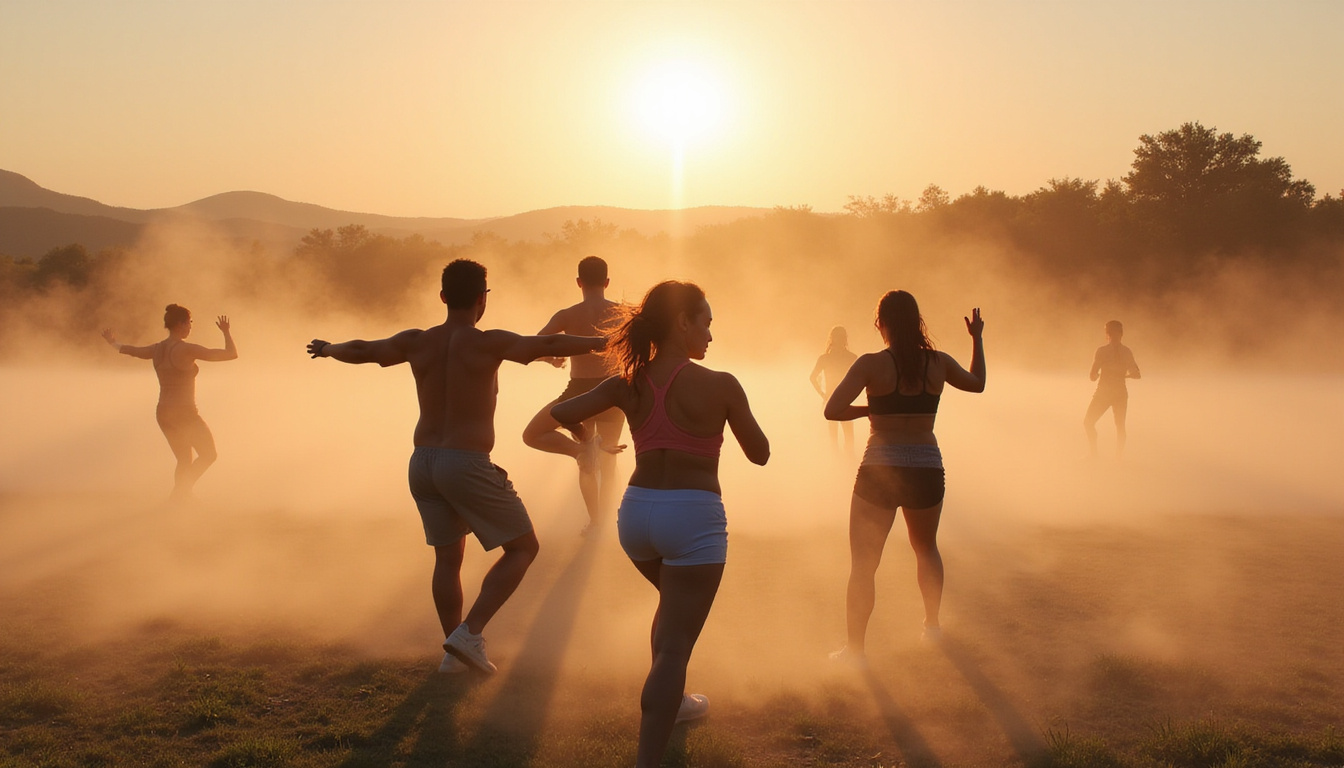  Group doing shoulder circles and hip rotations, early morning mist, energetic warmup