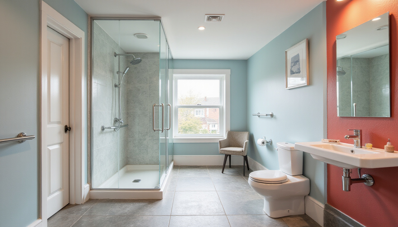  Calm bathroom with roll-in shower, fold-down seat, brushed steel grab bars, contrasting tiles