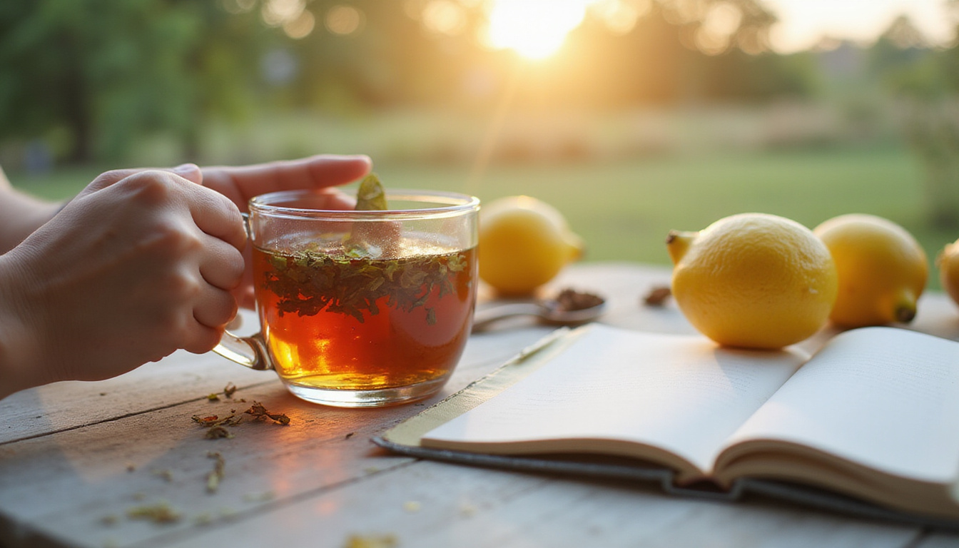  Close-up of hands holding herbal tea, journal beside fibromyalgia pain-relief tools, calm hopeful morning light