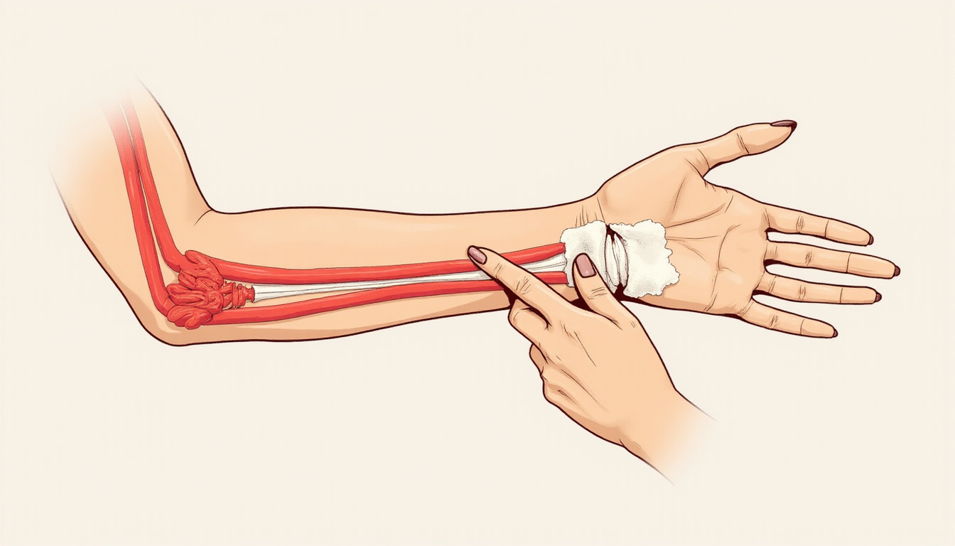  Instructional illustration of tendon anatomy overlay, hands guiding elbow stretch, pastel wellness style
