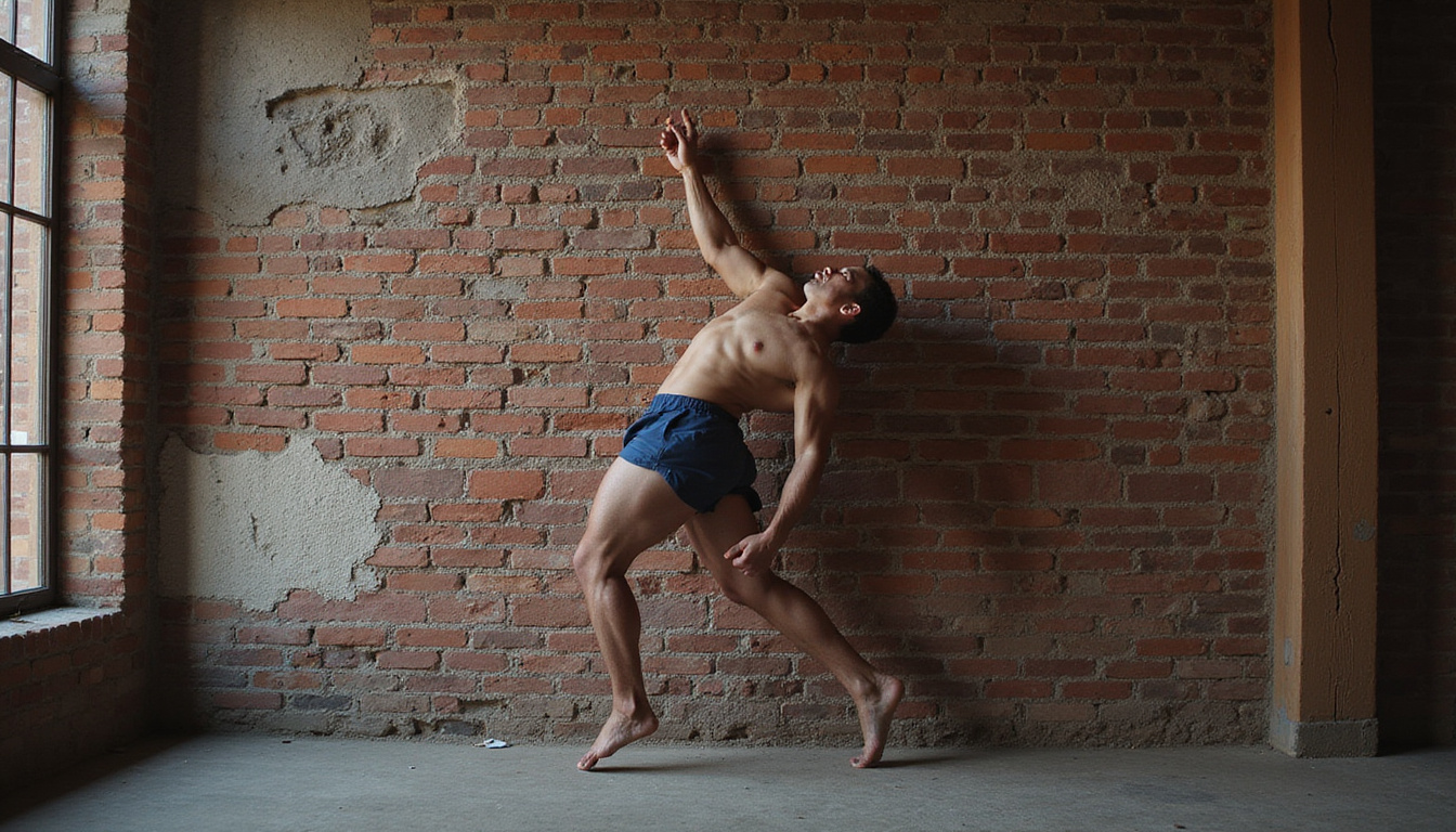  Athletic man performing wall-sit against exposed brick, sweat, dramatic side lighting, no equipment