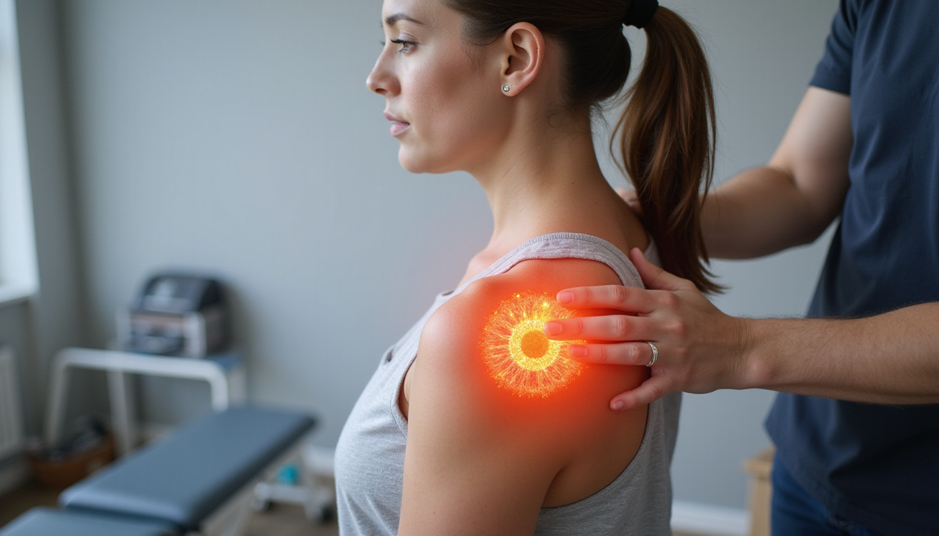  Woman receiving gentle pilates-assisted shoulder mobilization from physiotherapist, anatomical overlay showing bursitis hotspots